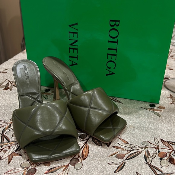 Bottega Veneta Khaki Lido Heel Sandals - Picture 1 of 12